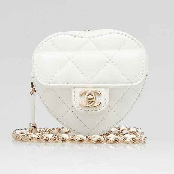 Chanel White Quilted Lambskin Leather Mini CC In Love Heart Crossbody Bag
